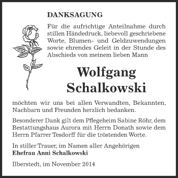 Traueranzeige von Wolfgang Schalkowski von Super Sonntag Bernburg