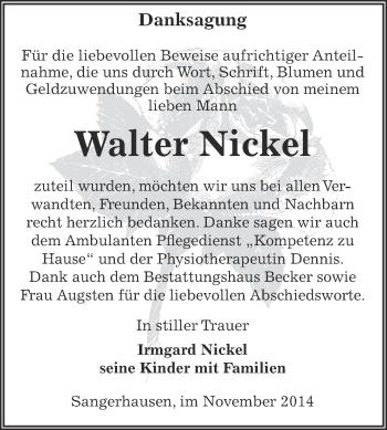 Traueranzeige von Walter Nickel von Super Sonntag SGH Mansf. Land