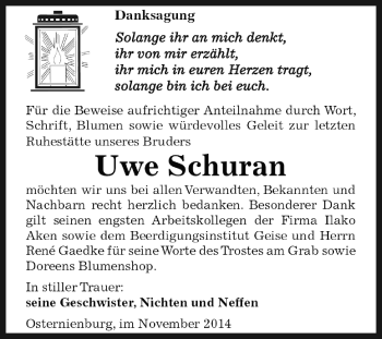 Traueranzeige von Uwe Schuran von WVG - Wochenspiegel Dessau / Köthen