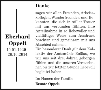 Traueranzeige von Eberhard Oppelt von WVG - Wochenspiegel Dessau / Köthen