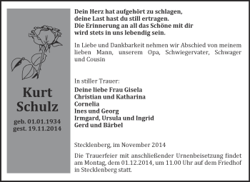 Traueranzeige von Kurt Schulz von WVG - Wochenspiegel Quedlinburg