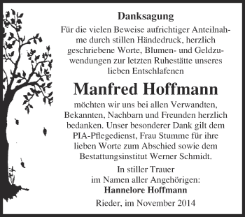 Traueranzeige von Manfred Hoffmann von WVG - Wochenspiegel Quedlinburg