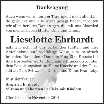 Traueranzeige von Lieselotte Ehrhardt von Super Sonntag Aschersleben