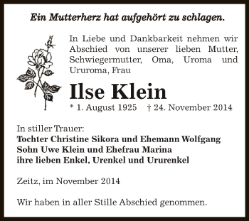 Traueranzeige von Ilse Klein von Super Sonntag Zeitz