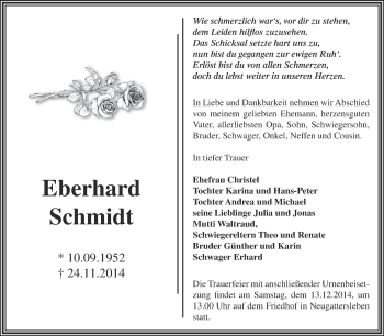 Traueranzeige von Eberhard Schmidt von Super Sonntag Bernburg
