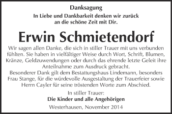Traueranzeige von Erwin Schmietendorf von Super Sonntag Quedlinburg