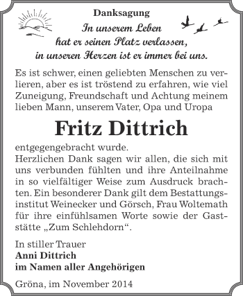 Traueranzeige von Fritz Dittrich von Super Sonntag Bernburg