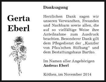 Traueranzeige von Gerta Eberl von WVG - Wochenspiegel Dessau / Köthen
