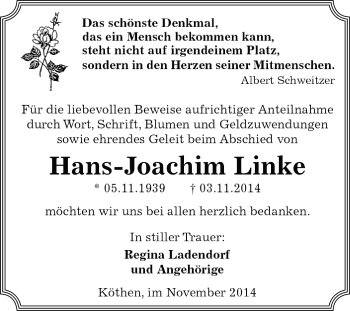 Traueranzeige von Hans-Joachim Linke von WVG - Wochenspiegel Dessau / Köthen