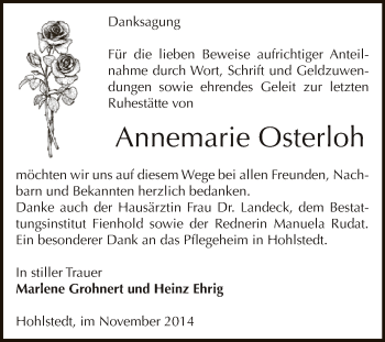 Traueranzeige von Annemarie Osterloh von Super Sonntag SGH Mansf. Land