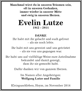 Traueranzeige von Evelin Lutze von Super Sonntag Aschersleben