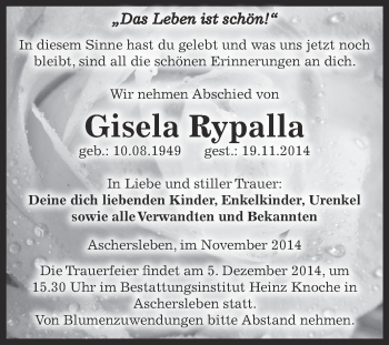 Traueranzeige von Gisela  Rypalla von Super Sonntag Aschersleben