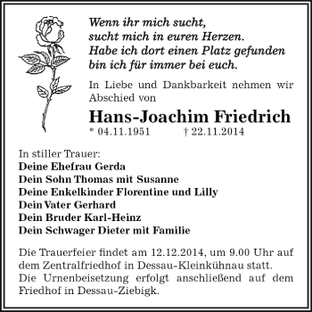 Traueranzeige von Hans-Joachim Friedrich von WVG - Wochenspiegel Dessau / Köthen