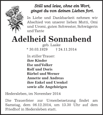Traueranzeige von Adelheid Sonnabend von Super Sonntag SGH Mansf. Land