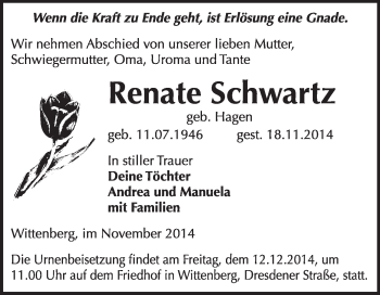 Traueranzeige von Renate Schwartz von WVG - Wochenspiegel Wittenberg