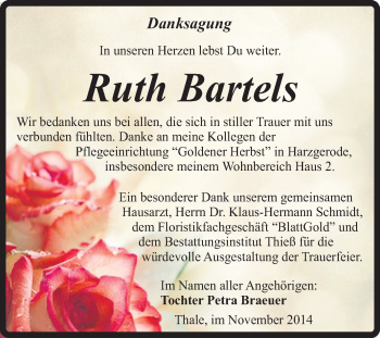 Traueranzeige von Ruth Bartels von Super Sonntag Quedlinburg