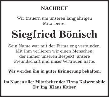 Traueranzeige von Siegfried Bönisch von Super Sonntag Bernburg
