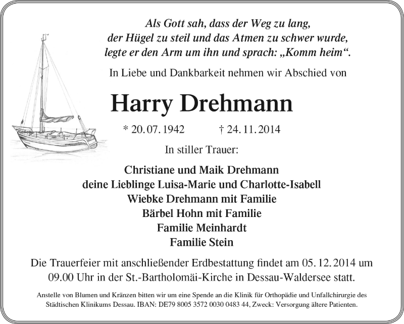  Traueranzeige für Harry Drehmann vom 30.11.2014 aus WVG - Wochenspiegel Dessau / Köthen