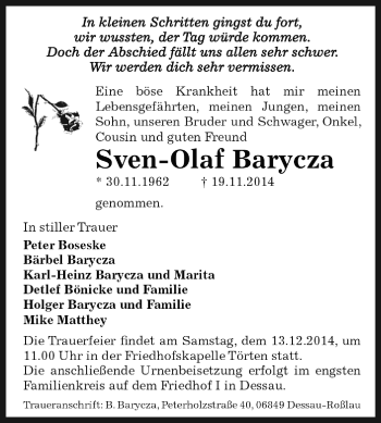 Traueranzeige von Sven-Olaf Barycza von WVG - Wochenspiegel Dessau / Köthen