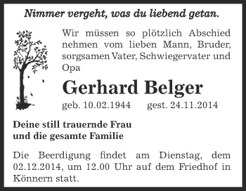 Traueranzeige von Gerhard  Belger von Super Sonntag Bernburg