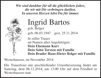 Traueranzeige von Ingrid Bartos von WVG - Wochenspiegel Quedlinburg