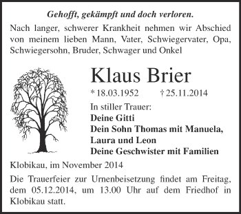 Traueranzeige von Klaus Brier von WVG - Wochenspiegel Merseburg