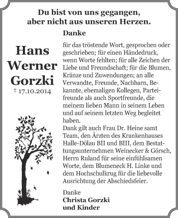 Traueranzeige von Hans Werner Gorzki von Super Sonntag Bernburg