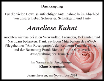 Traueranzeige von Anneliese Kuhnt von Super Sonntag SGH Mansf. Land