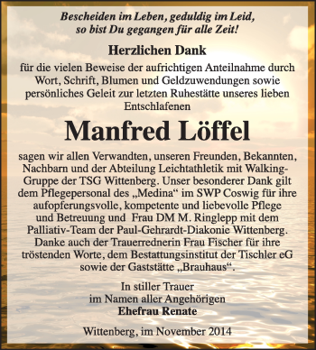 Traueranzeige von Manfred Löffel von WVG - Wochenspiegel Wittenberg