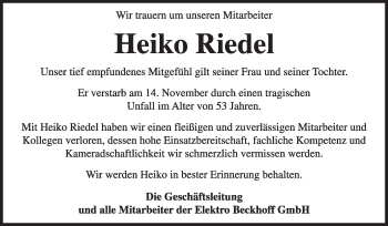 Traueranzeige von Heiko Riedel von Super Sonntag Wittenberg
