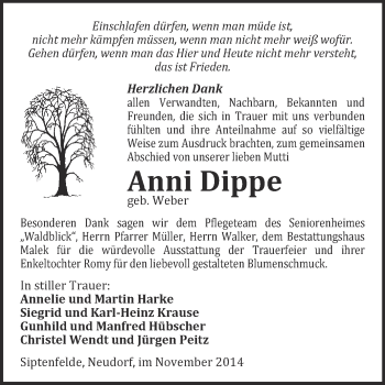 Traueranzeige von Anni Dippe von WVG - Wochenspiegel Quedlinburg