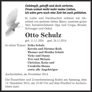 Traueranzeige von Otto Schulz von Super Sonntag Aschersleben