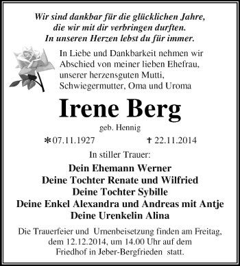 Traueranzeige von Irene Berg von WVG - Wochenspiegel Dessau / Köthen