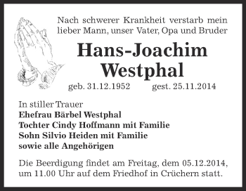 Traueranzeige von Hans-Joachim Westphal von Super Sonntag Bernburg
