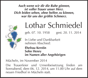 Traueranzeige von Lothar Schmiede von WVG - Wochenspiegel Merseburg