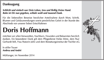 Traueranzeige von Doris Hoffmann von WVG - Wochenspiegel Wittenberg