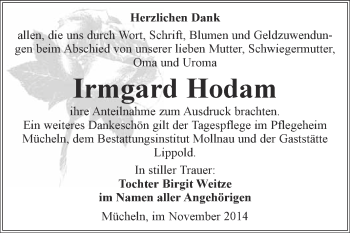Traueranzeige von Irmgard Hodam von WVG - Wochenspiegel Merseburg