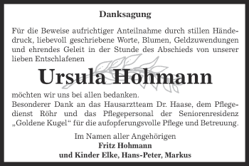 Traueranzeige von Ursula Hohmann von Super Sonntag Bernburg