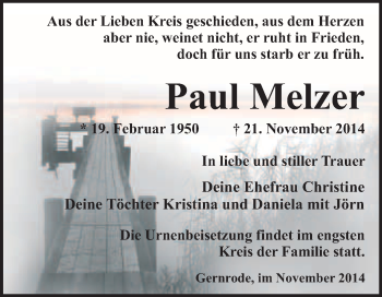 Traueranzeige von Paul Melzer von WVG - Wochenspiegel Quedlinburg
