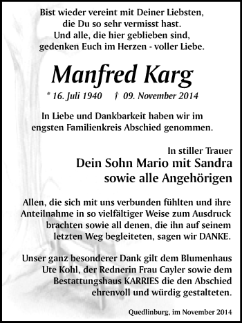 Traueranzeige von Manfred Karg von WVG - Wochenspiegel Quedlinburg