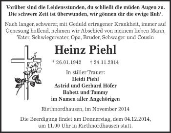 Traueranzeige von Heinz Piehl von Super Sonntag SGH Mansf. Land