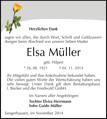 Traueranzeige von Elsa Müller von Super Sonntag SGH Mansf. Land