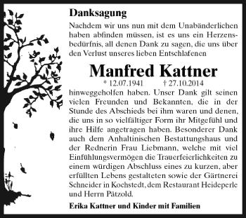 Traueranzeige von Manfred Kattner von WVG - Wochenspiegel Dessau / Köthen