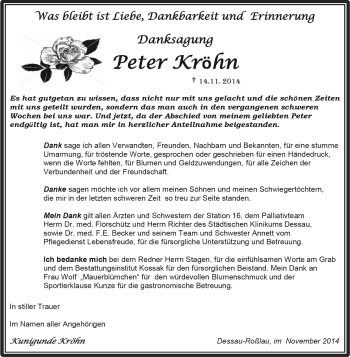 Traueranzeige von Peter Kröhn von WVG - Wochenspiegel Dessau / Köthen