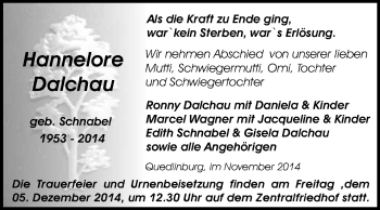 Traueranzeige von Hannelore Dalchau von WVG - Wochenspiegel Quedlinburg