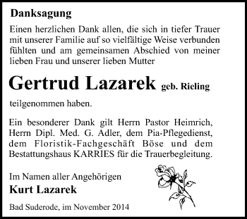 Traueranzeige von Gertrud Lazarek von WVG - Wochenspiegel Quedlinburg