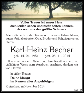 Traueranzeige von Karl-Heinz Becher von Super Sonntag Zeitz