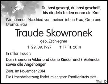 Traueranzeige von Traude Skowronek von Super Sonntag Zeitz