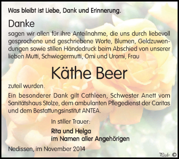 Traueranzeige von Käthe Beer von Super Sonntag Zeitz