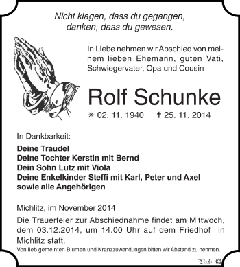 Traueranzeige von Rolf Schunke von Super Sonntag Zeitz